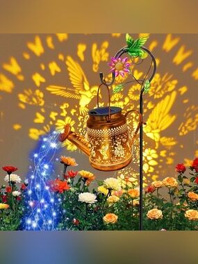 Solar Metal Watering Can Lantern with Hummingbird Projection - Copper